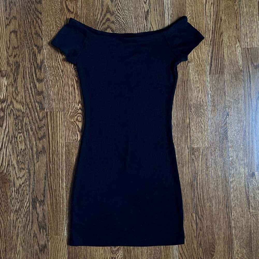 Black Ribbed Bodycon Off The Shoulder Mini Dress - Small